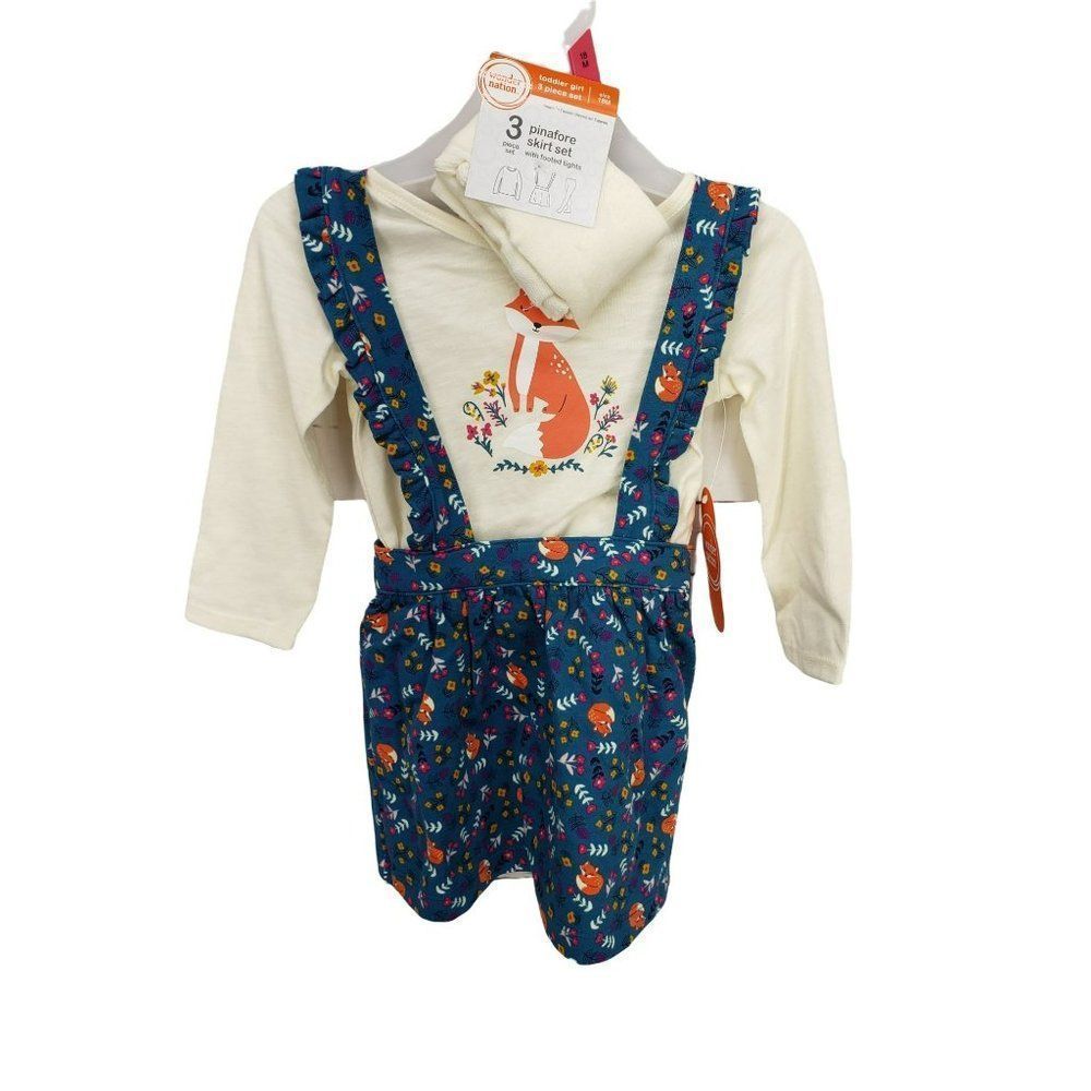 Wonder Nation Blue Toddler Girl 3 Piece Pinafore Skirt Set With Tights 18 Months